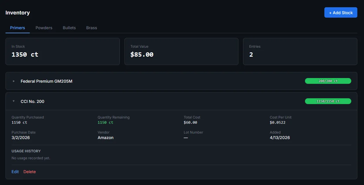 Inventory management showing primer stock levels and cost tracking