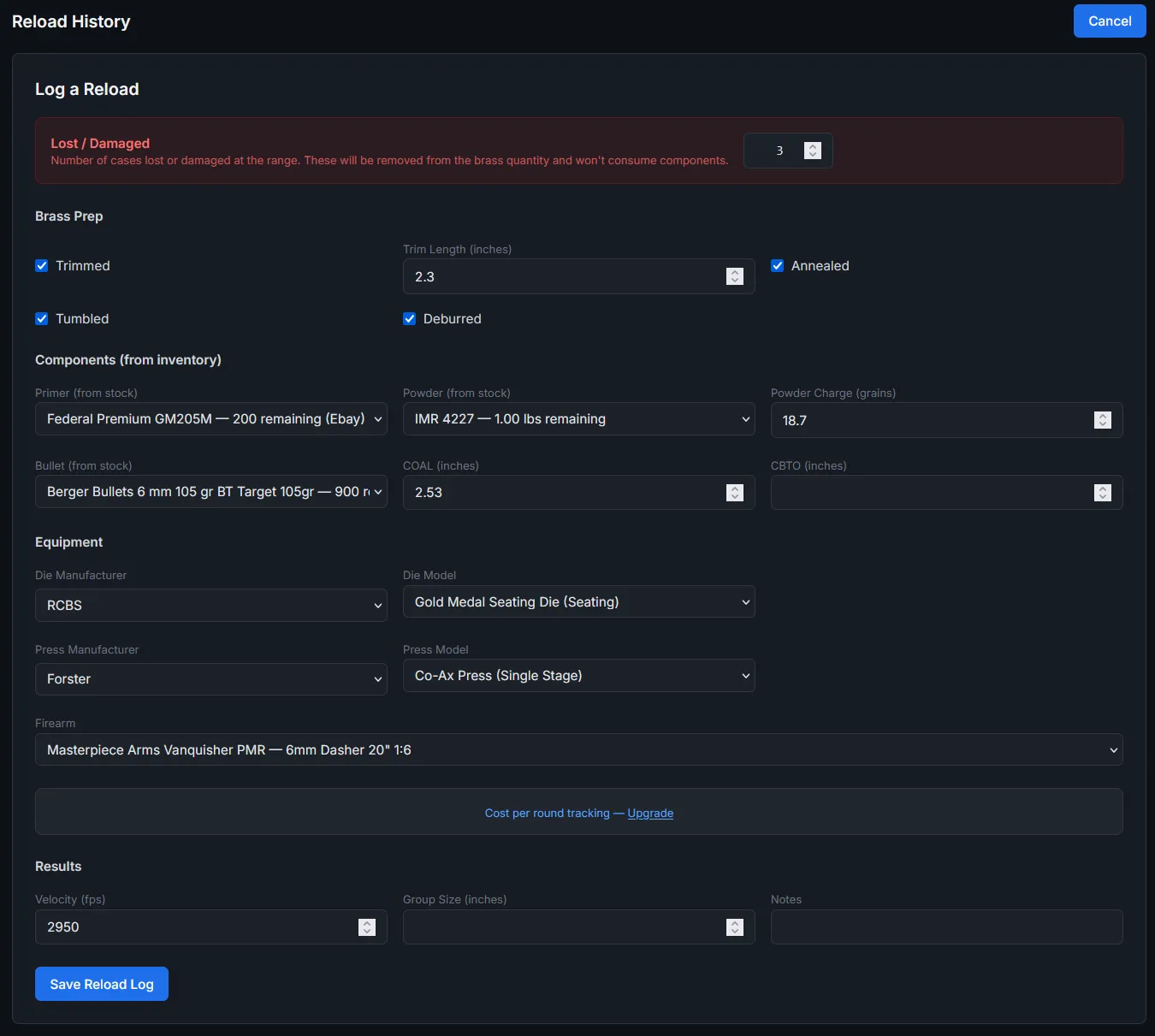Reload log entry showing components, brass prep, equipment, and results